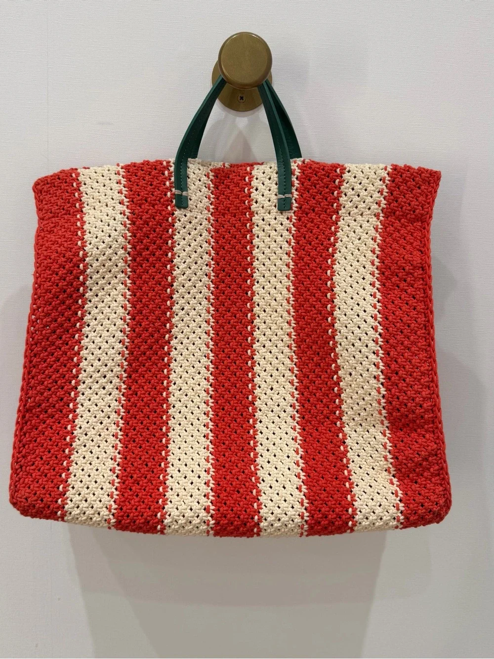 Clare V. Striped Red and Cream Woven Tote Bag with Green Handles - Picture 3 of 5